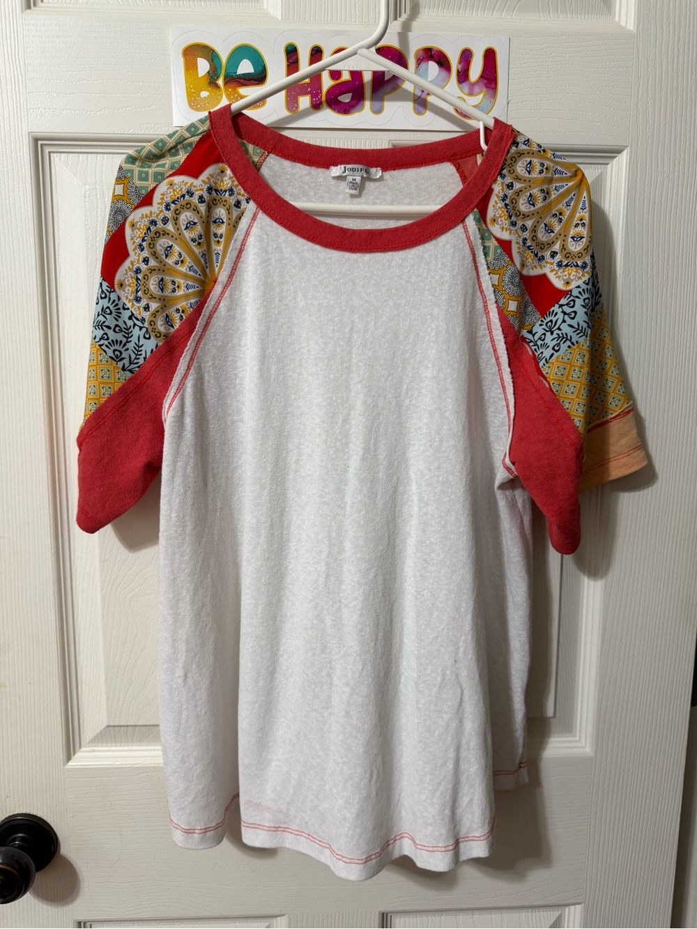 JODIFL White Raglan Tee with Red Trim and Yellow Multi-Print Sleeves
